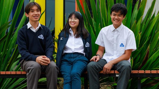 Explicit teaching of reading has delivered top NAPLAN results at Canley Vale High School in western Sydney. Pictured are students Bryton Lam, 14, Jessica Ly, 14, and Khaly Khun, 14. Picture: Justin Lloyd.