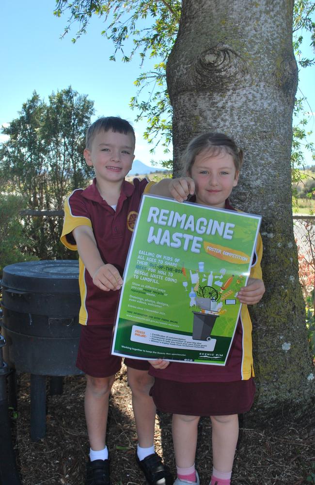 Roadvale State School Prep students Fraser Hawkins and Jessica Laegel ready to enter Scenic Rim Regional Council's Reimagine Waste Poster Competition in the lead up to National Recycling Week. Photo: contributed.