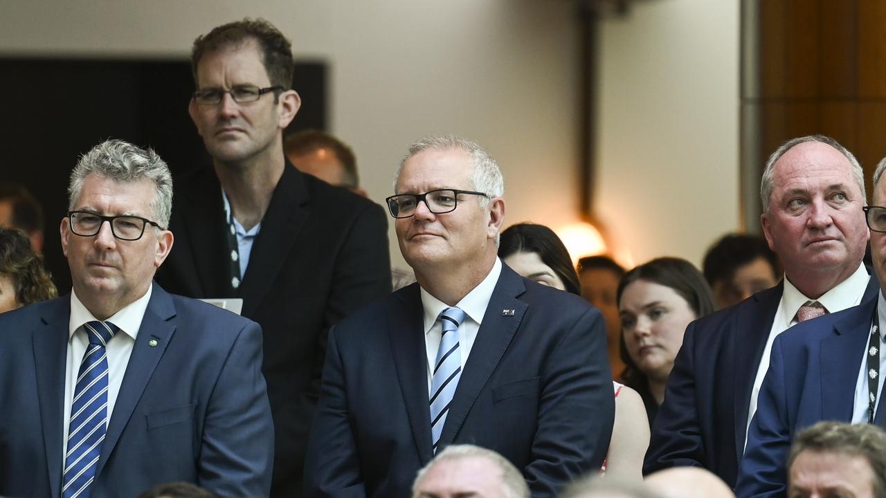 Keith Pitt , Scott Morrison and Barnaby Joyce attend the Tony Abbott Portrait reveal in the Members Hall at Parliament House in Canberra. Picture: NCA NewsWire / Martin Ollman