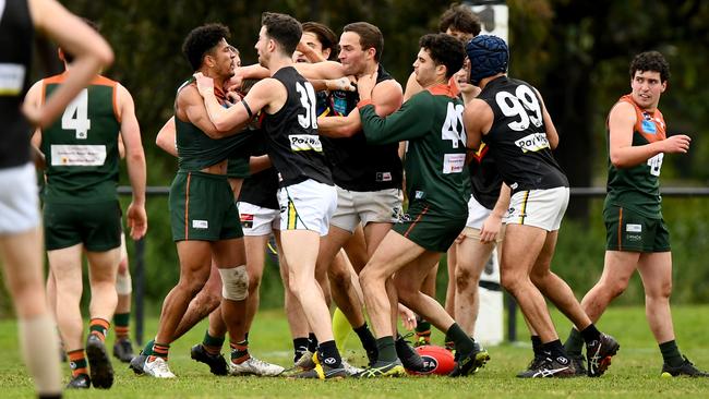 VAFA: Glen Eira and UHS-VU players get into it. Picture: Josh Chadwick