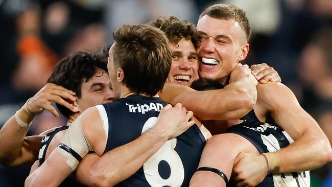 The Blues’ thrilling win over Melbourne gave them eight wins in a row. (Photo by Dylan Burns/AFL Photos via Getty Images)