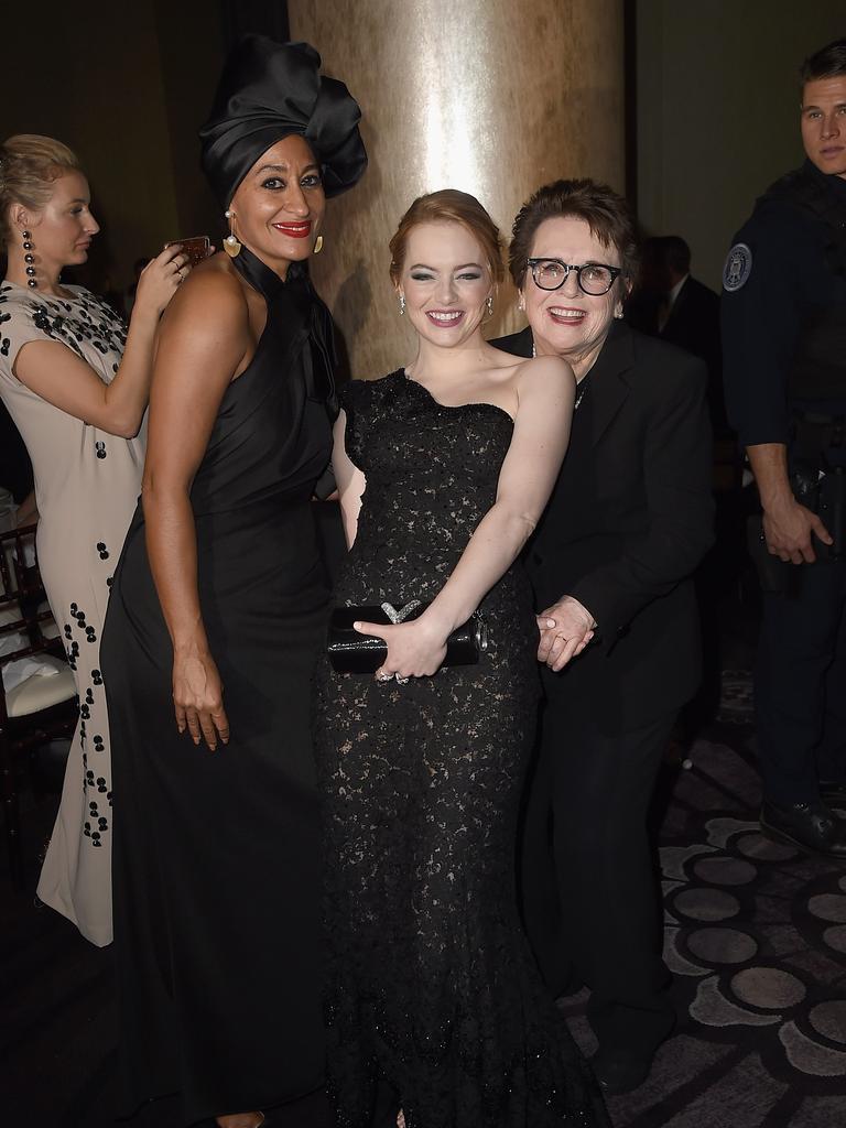 Tracee Ellis Ross, Emma Stone and Billie Jean King attend The 75th Annual Golden Globe Awards at The Beverly Hilton Hotel on January 7, 2018 in Beverly Hills, California. Picture: AFP