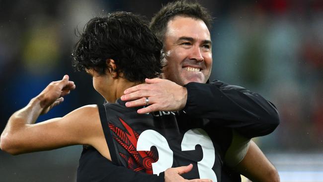 Brad Scott celebrates after the game. Picture: Getty Images