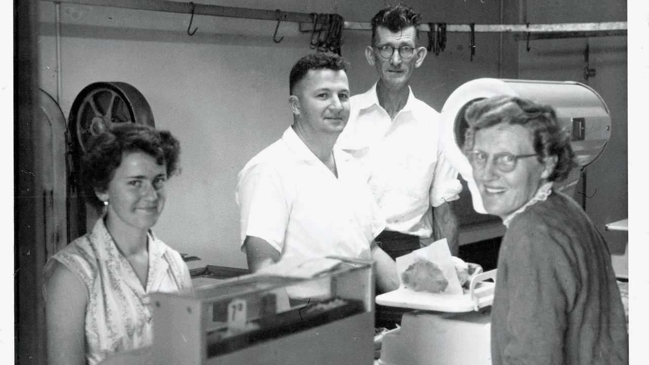Gympie tutcher Pat Nolan (second left) in the Mary St shop in 1961, with L. Lewis, Viv Dodt and customer, Mrs Neal. Attribution: Nolan Family