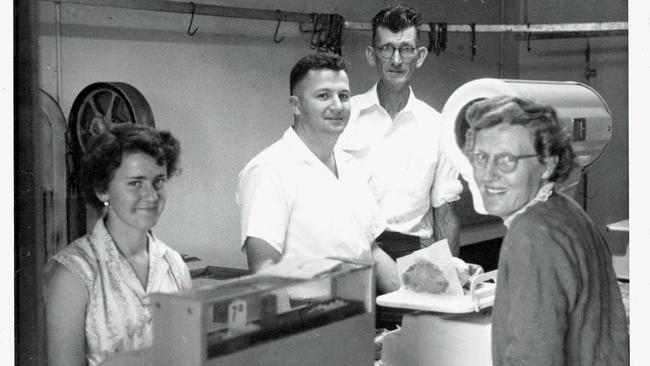 Gympie tutcher Pat Nolan (second left) in the Mary St shop in 1961, with L. Lewis, Viv Dodt and customer, Mrs Neal. Attribution: Nolan Family