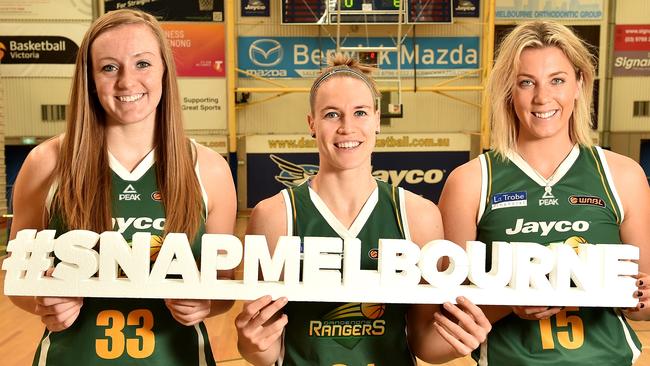 WNBL Dandenong Jayco Rangers Ally Malott, Natalie Novosel and Sara Blicavs help promote #SnapMelbourne. The Rangers play Bendigo Spirit tonight. Picture: Andrew Batsch