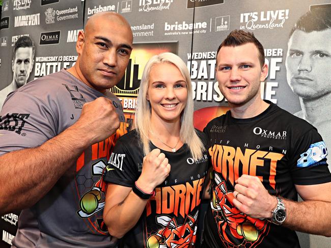 Shannon O'Connell with Jeff Horn and heavyweight Alex Leapai. Picture: Annette Dew