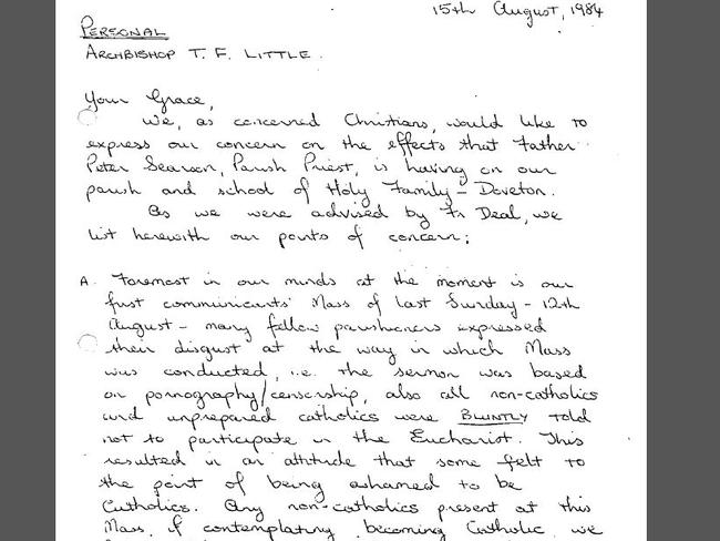 Letter from parishioners to the Archbishop complaining that Searson had delivered a sermon on pornography