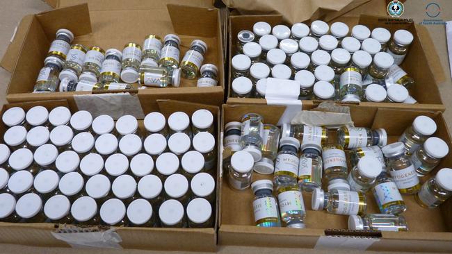 Vials of drugs seized as part of an investigation into dark web drug dealing and money laundering. Picture: SA Police