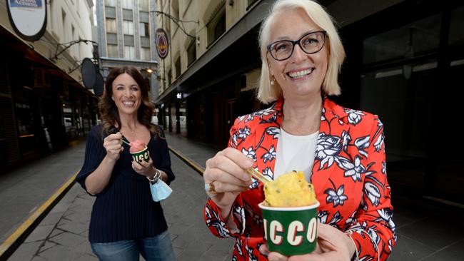 Lord Mayor Sally Capp with Sandra Foti in Degraves Street where she will be opening an ice-cream shop. Picture: Andrew Henshaw