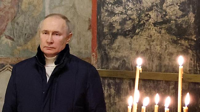 Russian President Vladimir Putin attends an Orthodox Christmas mass in the Cathedral of the Annunciation at the Kremlin in Moscow. Picture: AFP