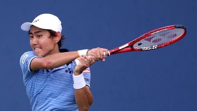 Yoshihito Nishioka goes on the attack against Alex de Minaur. Picture: AFP