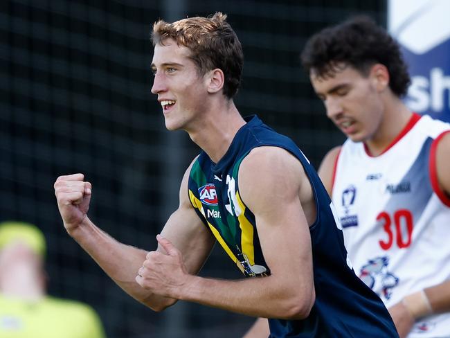 MELBOURNE, AUSTRALIA - APRIL 13: Jack Whitlock of the AFL Academy celebrates during the 2024 AFL Academy match between the Marsh AFL National Academy Boys and Coburg Lions at Ikon Park on April 13, 2024 in Melbourne, Australia. (Photo by Michael Willson/AFL Photos via Getty Images)