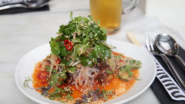 Chin Chin. Salad of shiso and sesame prawn dumplings, red namh jim and glass noodles Picture: Andrew Tauber