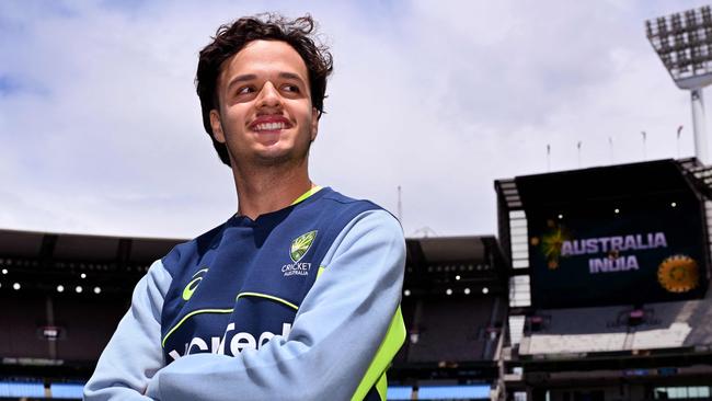 Australian cricketer Sam Konstas poses for the media at the Melbourne Cricket Ground (MCG) in Melbourne on December 23, 2024, ahead of the fourth cricket Test match between Australia and India starting December 26. (Photo by William WEST / AFP) / -- IMAGE RESTRICTED TO EDITORIAL USE - STRICTLY NO COMMERCIAL USE --