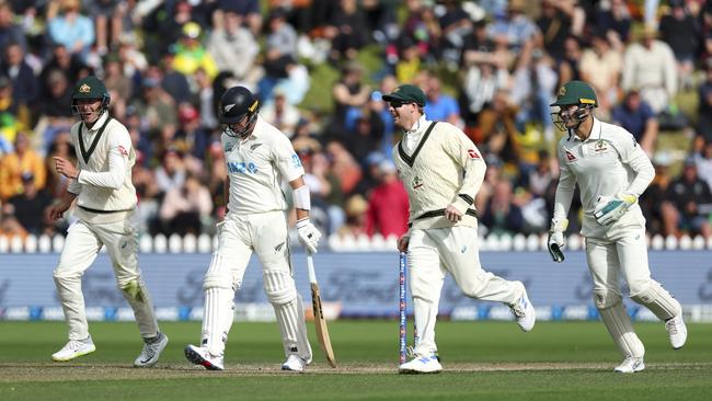 Steve Smith celebrates after taking the wicket of Will Young of New Zealand. Picture: Getty Images.