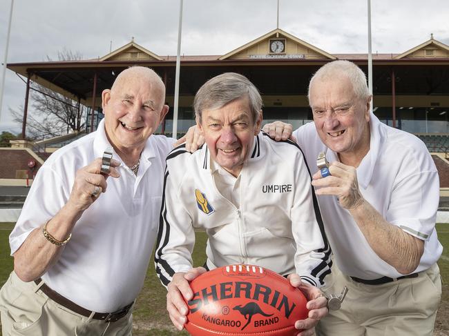 Umpires Blast From The Past, Les Manson, Haydyn Nielsen and Biddy Badenach at North Hobart Oval. Picture: Chris Kidd