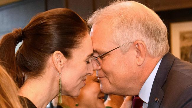 Prime Minister Scott Morrison receiving a traditional "hongi" greeting from New Zealand's Prime Minister Jacinda Ardern. Picture: AFP