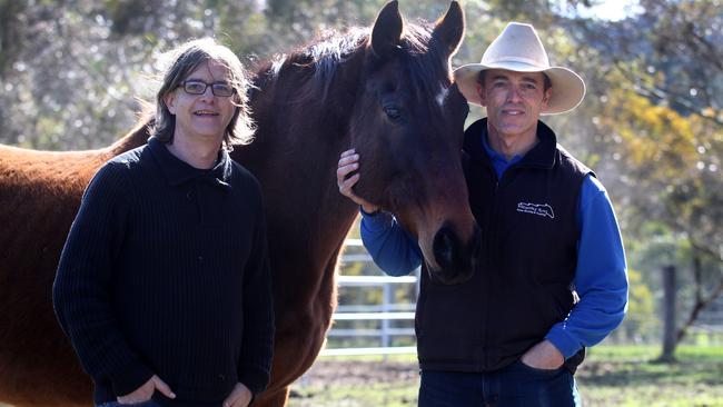 Deloitte Centre for the Edge chief Peter Williams with horsewhisperer Carlos Tabernaberri at Upper Plenty in Victoria. Picture: David Geraghty.