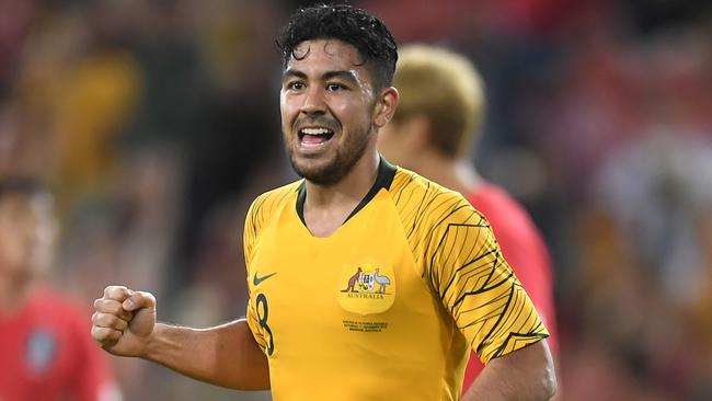 BRISBANE, AUSTRALIA - NOVEMBER 17: Massimo Luongo of Australia celebrates scoring his teams first goal during the International Friendly match between the Australian Socceroos and Korea Republic at Suncorp Stadium on November 17, 2018 in Brisbane, Australia. (Photo by Albert Perez/Getty Images)