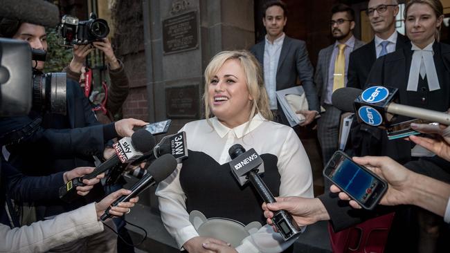 Rebel Wilson fronts the media on day two of her trial. Picture: Jake Nowakowski