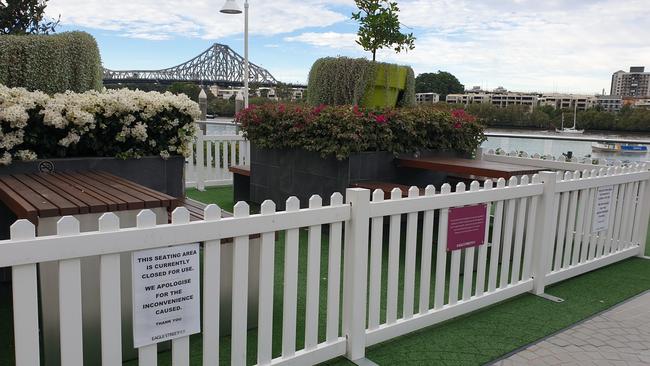 The seating areas have been closed off at Eagle St Pier. Picture: Ellen-Maree Elliot