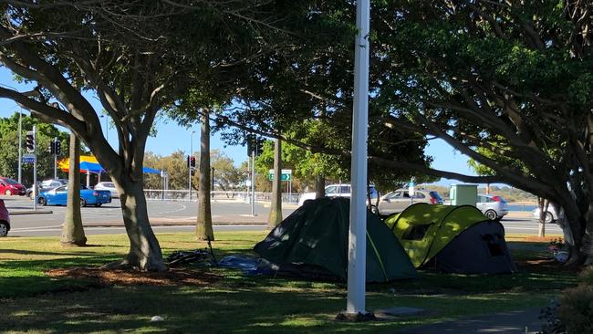 Tents in Carey Park facing the Broadwater Parklands on the Gold Coast.