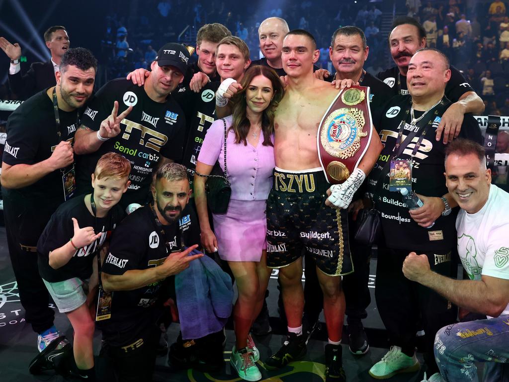 Tim Tszyu celebrates victory over Carlos Ocampo during the WBO Iterim Super-Welterwight title bout at Gold Coast Convention and Entertainment Centre. Picture: Chris Hyde/Getty Images.