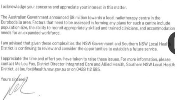 NSW Health Minister, Ryan Park’s letter, discussing whether the cancer radiotherapy clinic will actually be built in Moruya. Picture: Facebook.