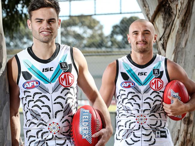 AFL - Monday, 10th August, 2020 - Port Adelaide release their Indigenous Jumper. Karl Amon and Sam Powell-Pepper. Picture: Sarah Reed