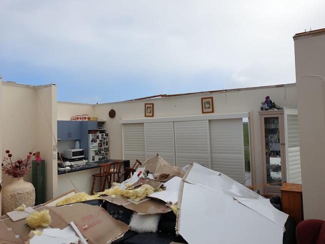 Inside the Landau’s Cape Jervis holiday house that lost its roof overnight. Picture: Matthew Landau