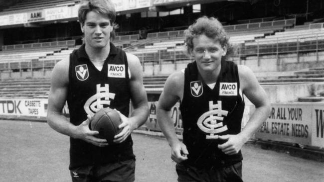 Peter Motley and Craig Bradley in Carlton colours for the first time at Princes Park.