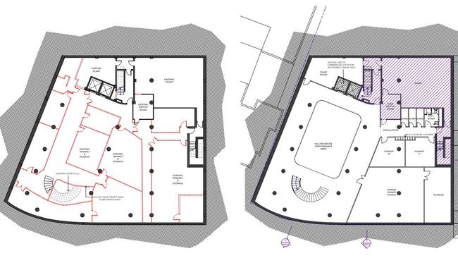 The basement level tenancies (left) will be replaced by a multipurpose performance area and a fitness/dance studio with male and female change rooms (right). Picture: Woods Bagot.