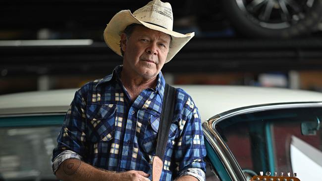 Troy Cassar-Daley with his beloved EH Holden, Daphne, at Tino’s Garage in Brisbane. Picture: Lyndon Mechielsen/The Australian