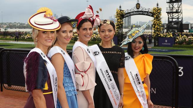 (L-R) State finalists in the Fashion on the Field contest. Picture: AAP Image/Dave Crosling