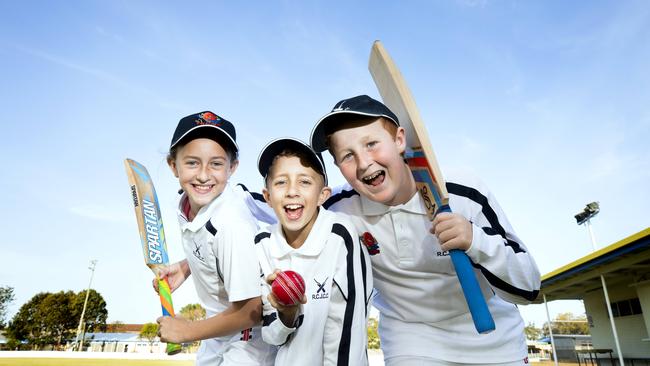 Phoebe Smith, Fletcher Smith and Ben Johnson loving playing cricket together. Picture: AAP Image/Renae Droop