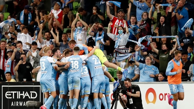 Melbourne City celebrate a goal during the A-League men's match between Melbourne City and Melbourne Victory at AAMI Park on Saturday. Picture: Darrian Traynor/Getty Images