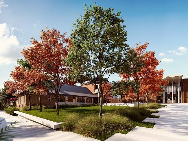 An artist's impression of a public library and community hub inside the new Marrick &amp; Co development with a grassy, tree-framed common area.