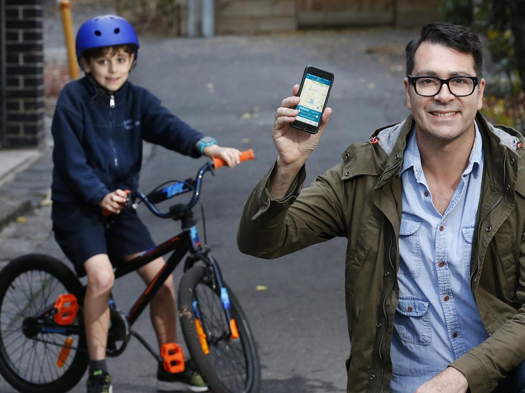 The whereabouts of a child wearing a Spacetalk watch can be tracked by parents via their mobile phone. Erz Imam can know exactly where his son Mavi is at any time using his smart phone. Picture: David Caird