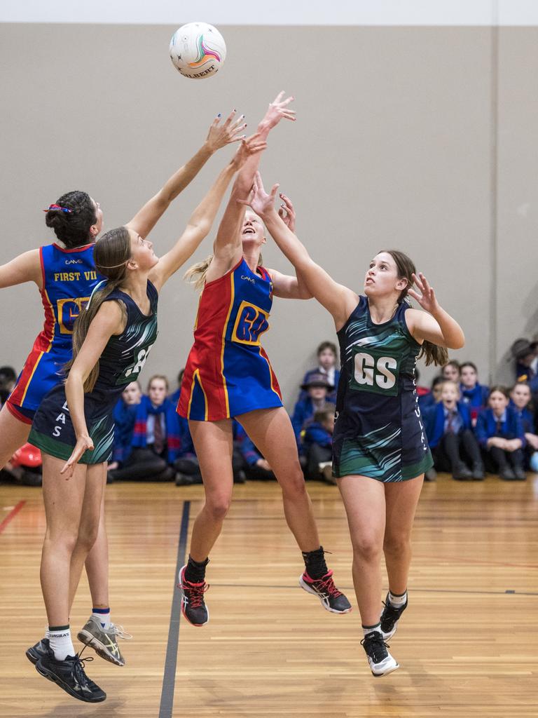 Downlands College players Grace Taylor and Molly McPherson defend Haylee McAuliffe and Alice Marshall of St Ursula's College in Merci-Chevalier Cup netball at Downlands College, Friday, May 28, 2021. Picture: Kevin Farmer