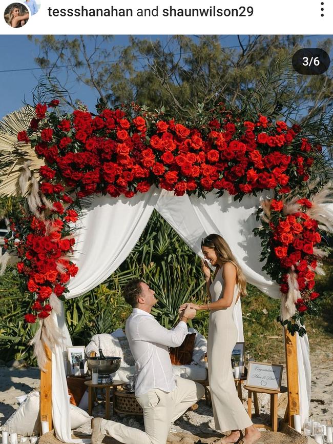 Shaun Wilson popped the question in front of a marquee decorated with red blooms.