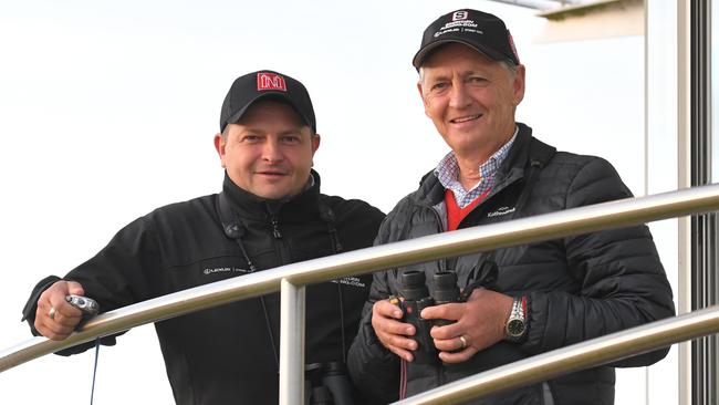 Redzel trainers Peter (right) and Paul Snowden are seen during trackwork at Royal Randwick Racecourse in Sydney, Monday, October 14, 2019. (AAP Image/Simon Bullard) NO ARCHIVING, EDITORIAL USE ONLY