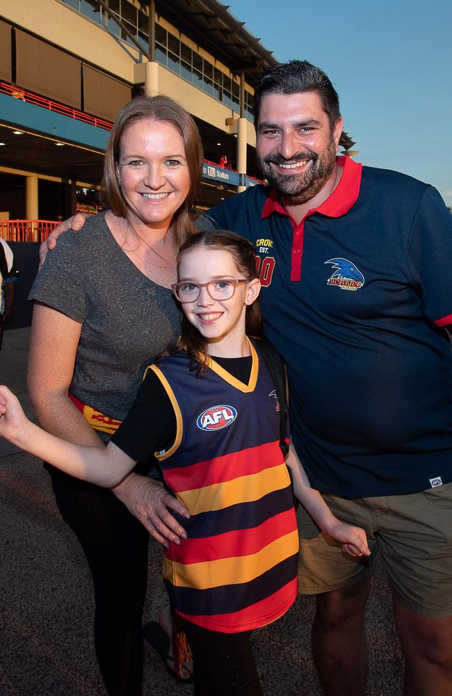 Anthony Frangoulis, Kellie Frangoulis and Scarlett Frangoulis at the Gold Coast Suns match vs Adelaide Crows at TIO Stadium. Picture: Pema Tamang Pakhrin