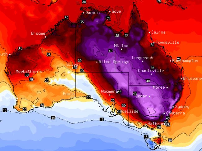 Pictured is a heat map of Australia at 1PM, January 4th. Penrith is currently the hottest place on earth and is sweltering through the hottest ever day recorded in Greater Sydney.The Bureau of Meteorology recorded a reading of 48.5C just after 2.25pm, smashing the previous record of 47.3 set in January 2018. The sweltering heat, which is forecast to last several hours, comes as the Western Sydney community at the foot of the Blue Mountains is on high alert over potential fire risk in today’s state of emergency. Picture: BSCH