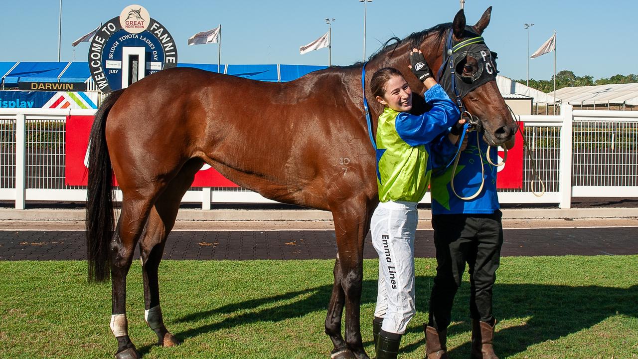 The Phil Cole trained Afternoon Tea with jockey Emma Lines onboard won at Fannie Bay on Ladies Day. Picture: Caroline Camilleri