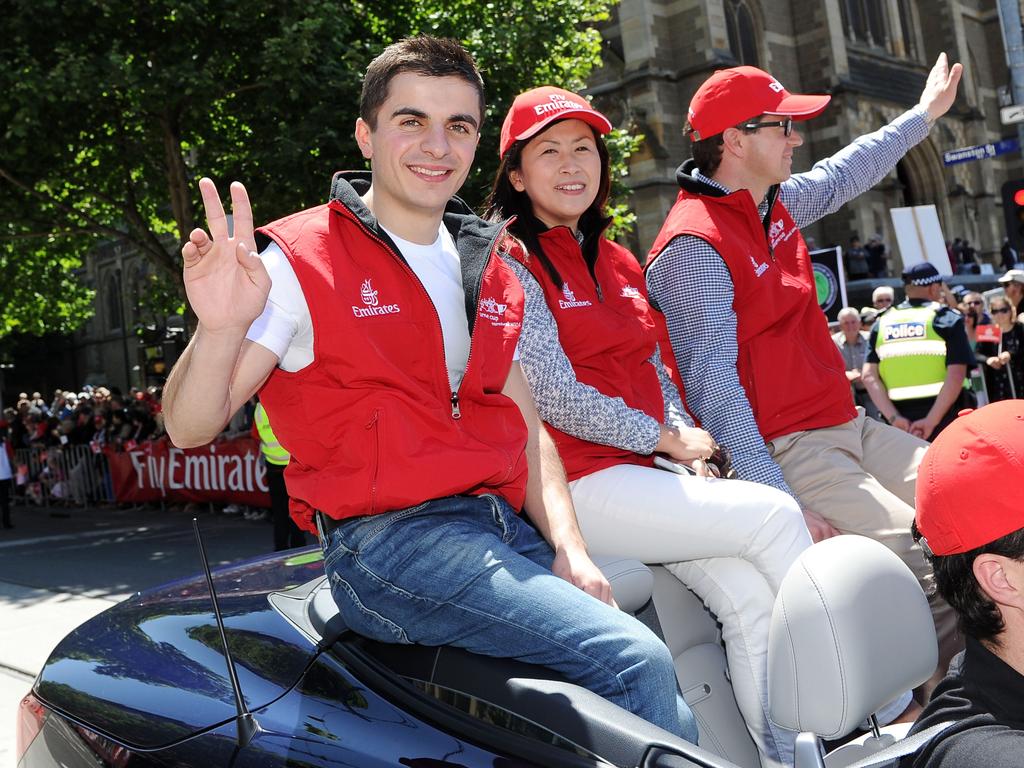 Jockey Andrea Atzeni and trainer Roger Varian attend the 2014 Melbourne Cup parade on November 3, 2014 in Melbourne. Picture: Getty