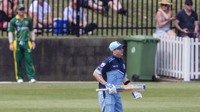 Steve Smith in action for Sutherland in Sydney district cricket. Randwick-Petersham’s David Warner fields on the boundary. Pic Jenny Evans