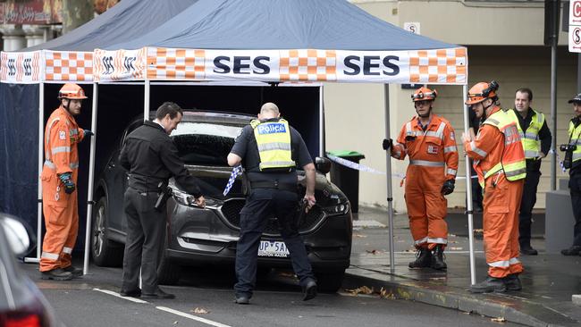 Investigators at the scene of the crash on Flinders St, in Melbourne’s CBD, in May last year. Picture: NCA NewsWire / Andrew Henshaw