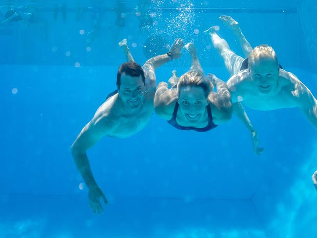 Nova's Ash (left), Luttsy (right) & Susie O’Neill (centre) will fly to Japan in August to compete in the 50m mixed relay at the 2023 Aquatic Masters and need a fourth to complete their team. Photo: Luke Marsden.