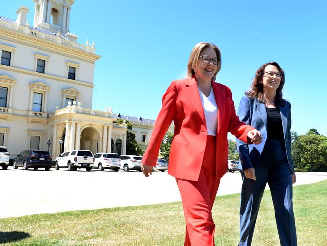 Premier Jacinta Allan with Treasurer Jaclyn Symes. Picture: Andrew Henshaw